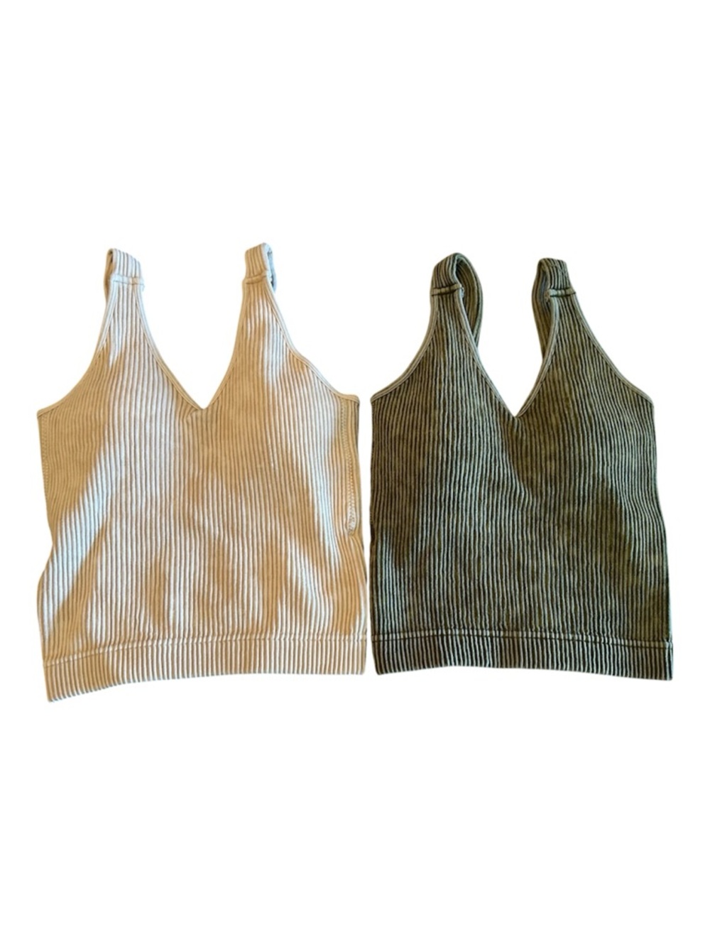 Zenana Ribbed V-Neck Padded Bramis - Cream & Olive